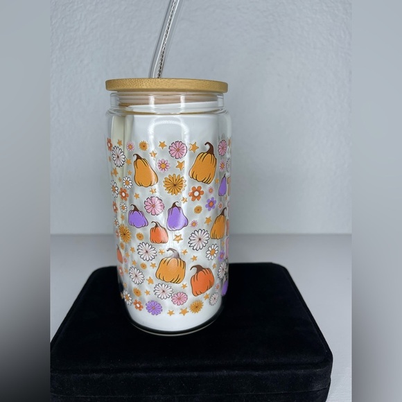 NWOT Pumpkin Patch Colorful Party 16oz Tumbler Bamboo Glass Straw Fall - Picture 6 of 8